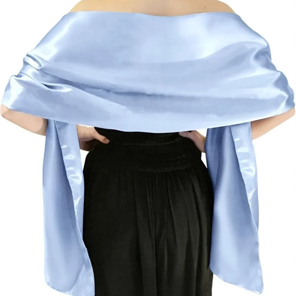 Sky Blue Satin Evening Shawl Wrap – Extra-Long 25.6 × 86.6 in Bridal Pashmina